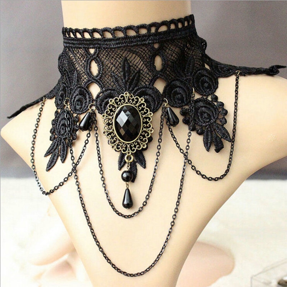 Black Victorian Lace Chain Tassel Choker Necklace - Picture 2 of 5